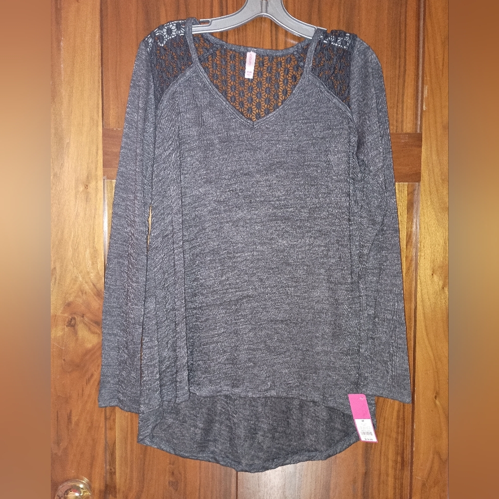 Xhilaration Charcoal Long Sleeve Top with Lace Shoulders